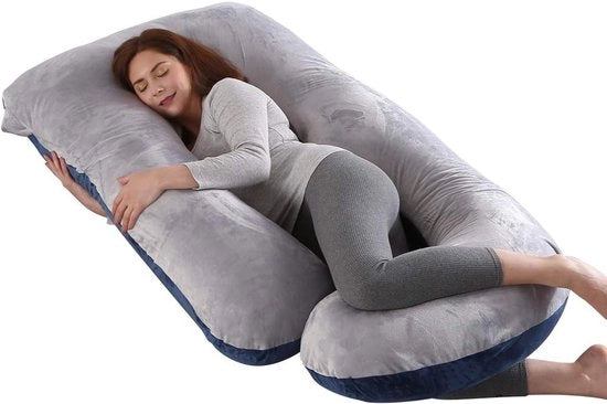 Cuscino per gravidanza a forma J, 145 x 70 cm, con copertura rimovibile e lavabile - Grigio + Blu velluto