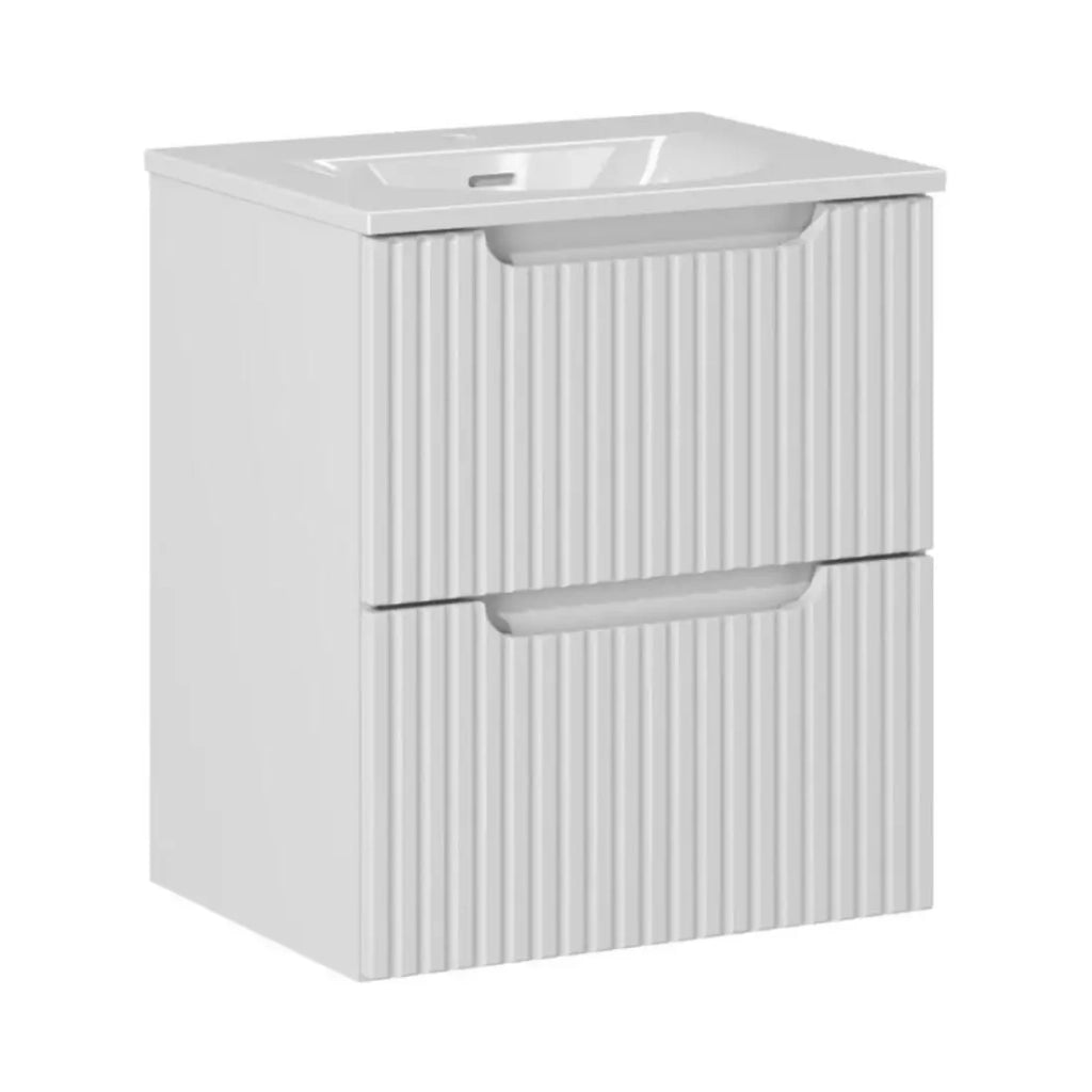 Set da bagno sospeso VANO bianco 50cm: mobile sottolavabo con cassetti scanalati + lavabo incassato bianco