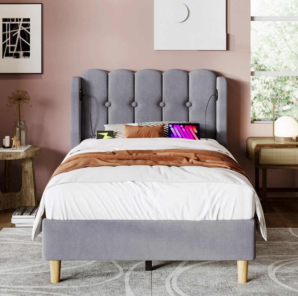 Letto imbottito 90x200 cm con USB e Type-C; struttura in lino grigio