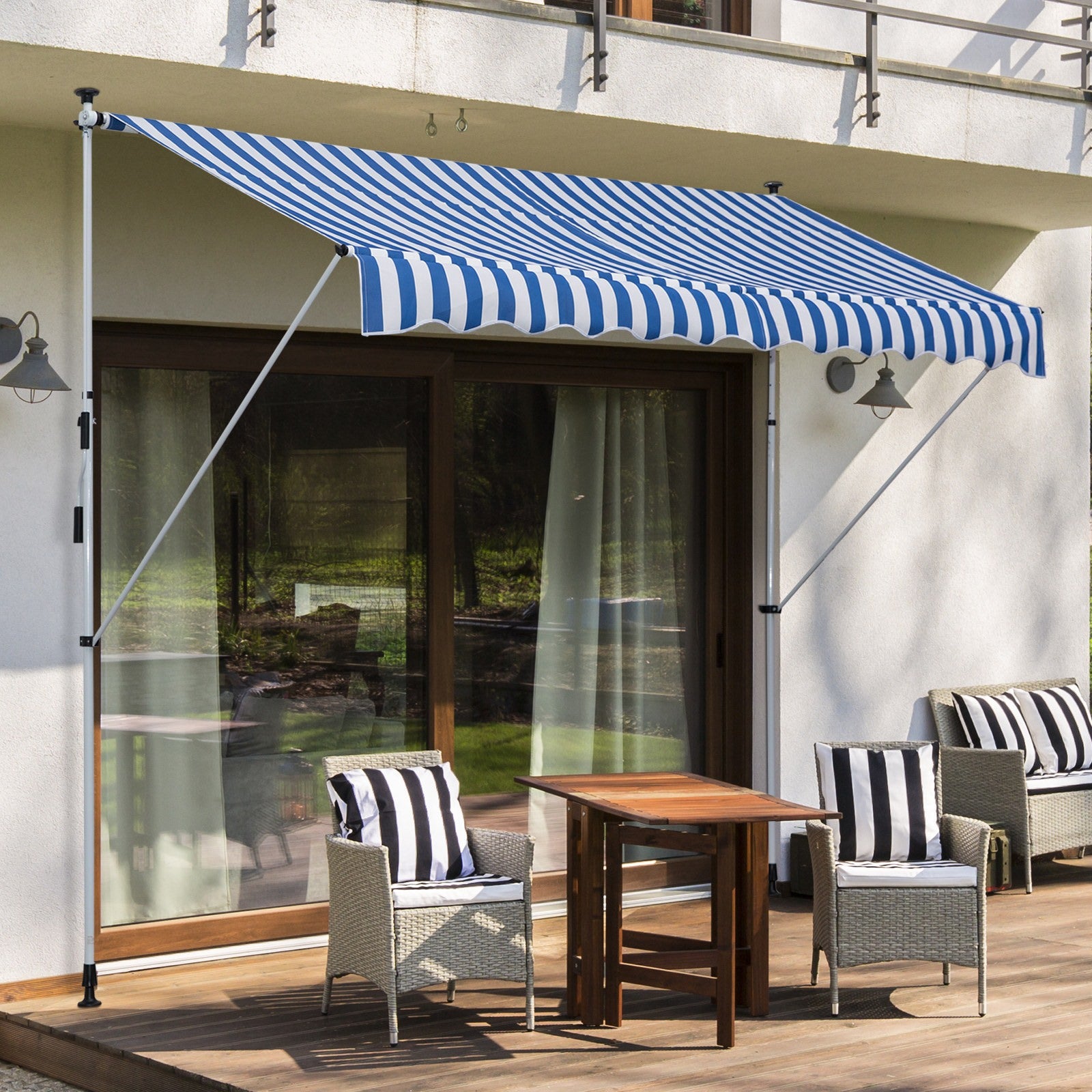 EASYCOMFORT  Tenda da Sole a Bracci con Manovella, Struttura Telescopica in Metallo e Parasole in Poliestere 300x150cm Blu e Bianco