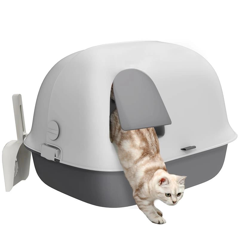 LETTIERA PER GATTI CHIUSA CON GATTAIOLA E PALETTA IN PP 58X46X39 CM GRIGIO CHIARO E BIANCO