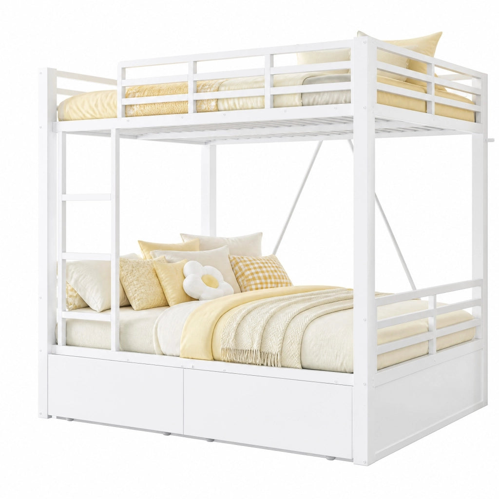 Letto a castello 140 × 200 cm con 2 cassetti, scala e sponde di sicurezza, senza materasso, bianco