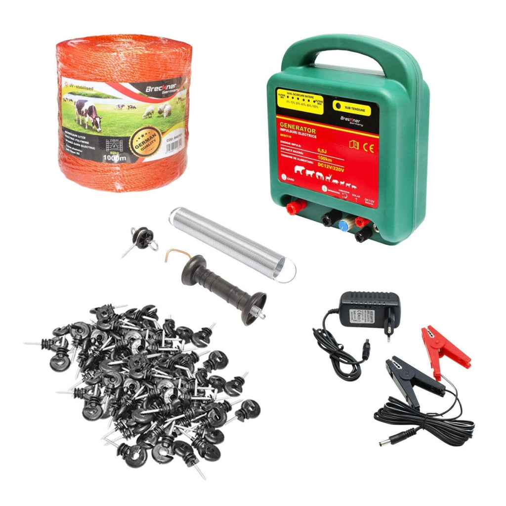 Kit completo per recinzione elettrica 12/220V 6,5 Joule filo lunghezza 1000m, 100 isolatori Britmann