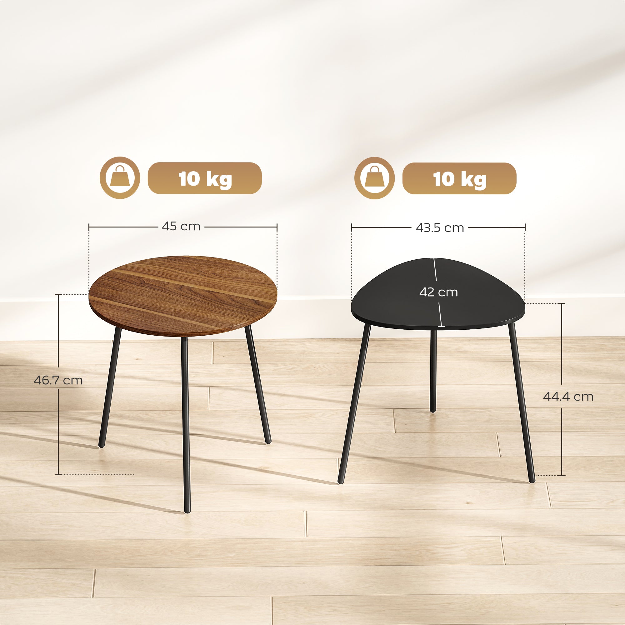 Set 2 Tavolini da Salotto Impilabili con Telaio in Metallo Noce e Nero