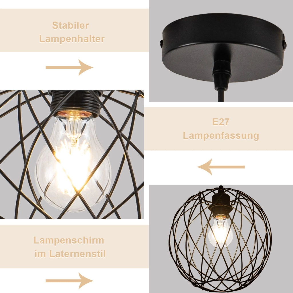 Lampada a sospensione ZMH nera retro 120 cm griglia a gabbia E27 per sala da pranzo e corridoio