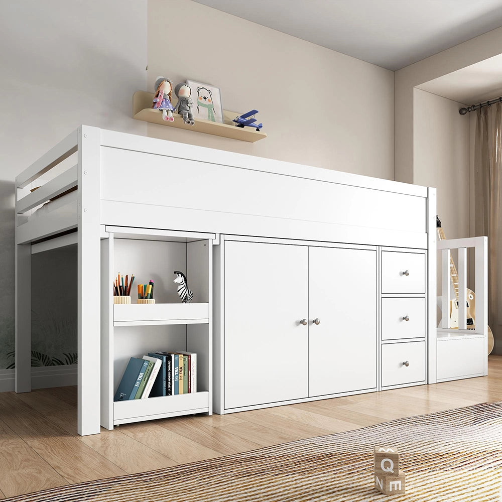 Letto a castello 90x200cm - Xylo - bianco, scrivania estraibile, armadio