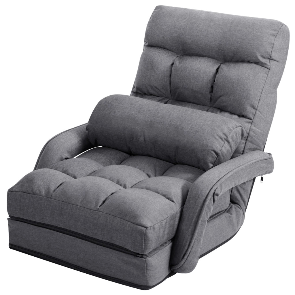 Divano letto-Dormeuse in tessuto regolabile in 5 livelli con braccioli e cuscino pieghevole da terra 173x67x12cm Grigio scuro