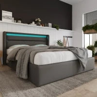 Letto Matrimoniale Contenitore con LED e Telecomando, Struttura Imbottita 140x200 cm, Grigio