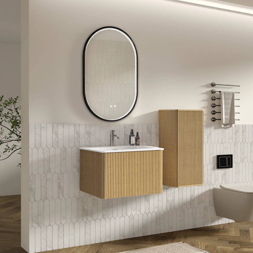 Mobile sottolavabo con specchio LED e colonna laterale, lavabo in superficie solida, colore quercia