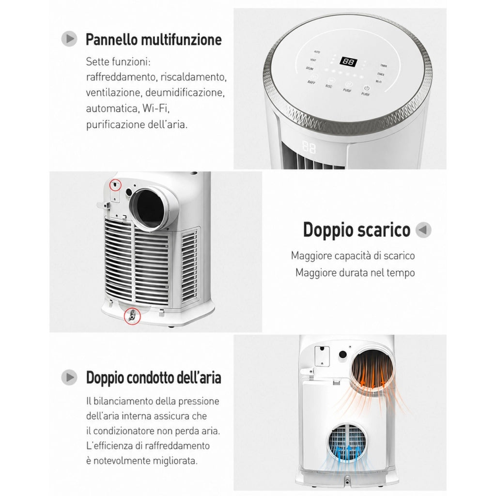 Condizionatore Portatile Caldo Freddo Senza Unità Esterna 16000 BTU/h 4 in 1 Silenzioso con Wi-Fi, Timer e Modalità Notte