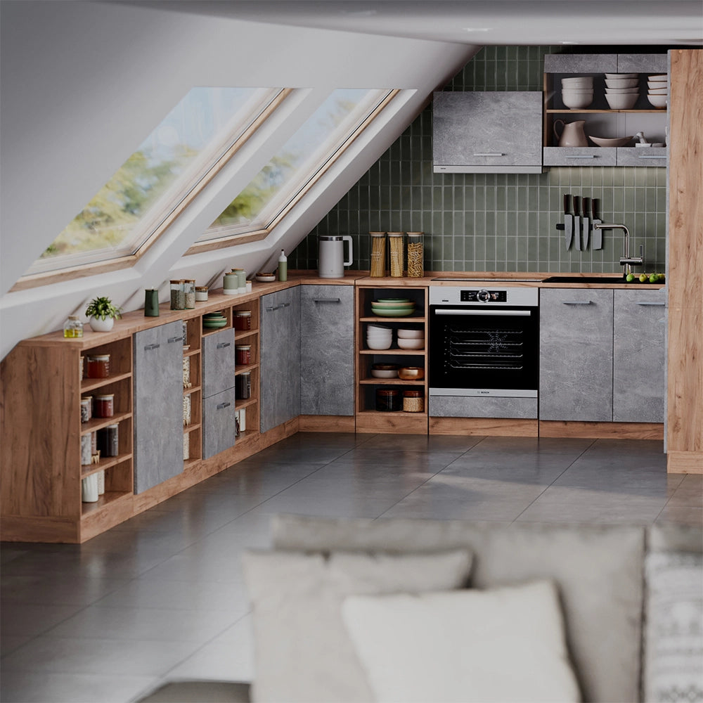 Mobile cucina sottotetto R-Line Calcestruzzo/Rovere dorato 60 cm con 2 porte, carcassa 60 cm profondità Vicco
