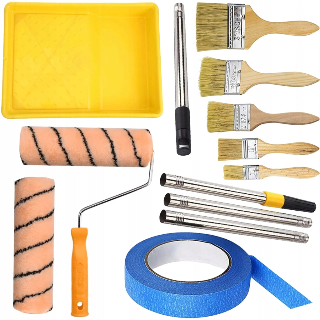 Set di Accessori per Verniciatura – 2 Rulli 25 cm, 5 Pennelli Sintetici, Nastro 40 mm | Per Pareti e Mobili