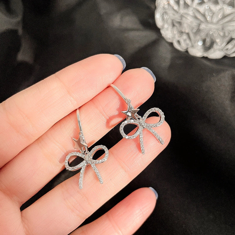 Nuovi orecchini a forma di fiocco e stella, in argento S925, orecchini a forma di fiocco femminile e stella a cinque punte