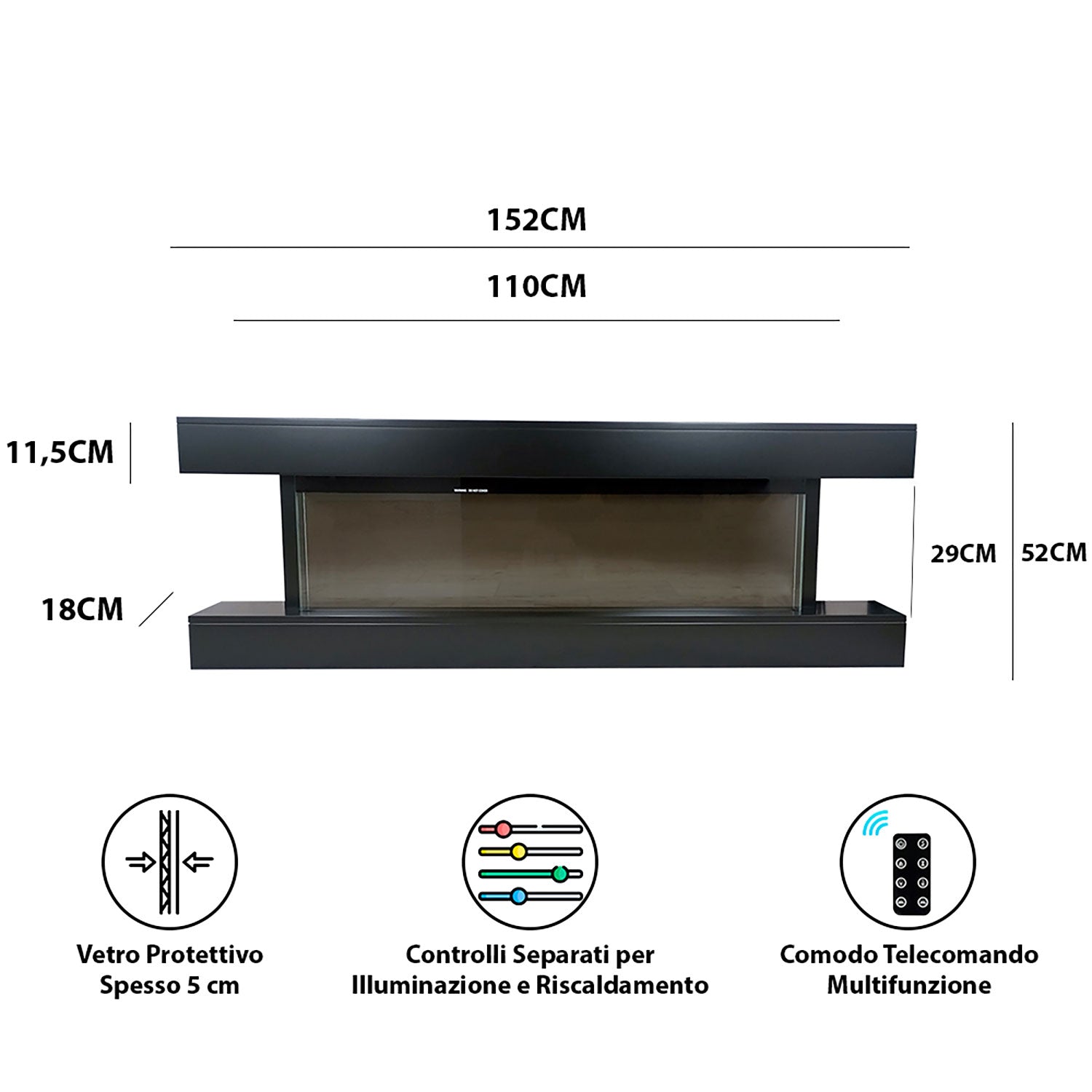Camino Elettrico da Parete o Incasso Alaro Ultra+ 152x18x52 cm Effetto Fiamma Telecomando in MDF Nero