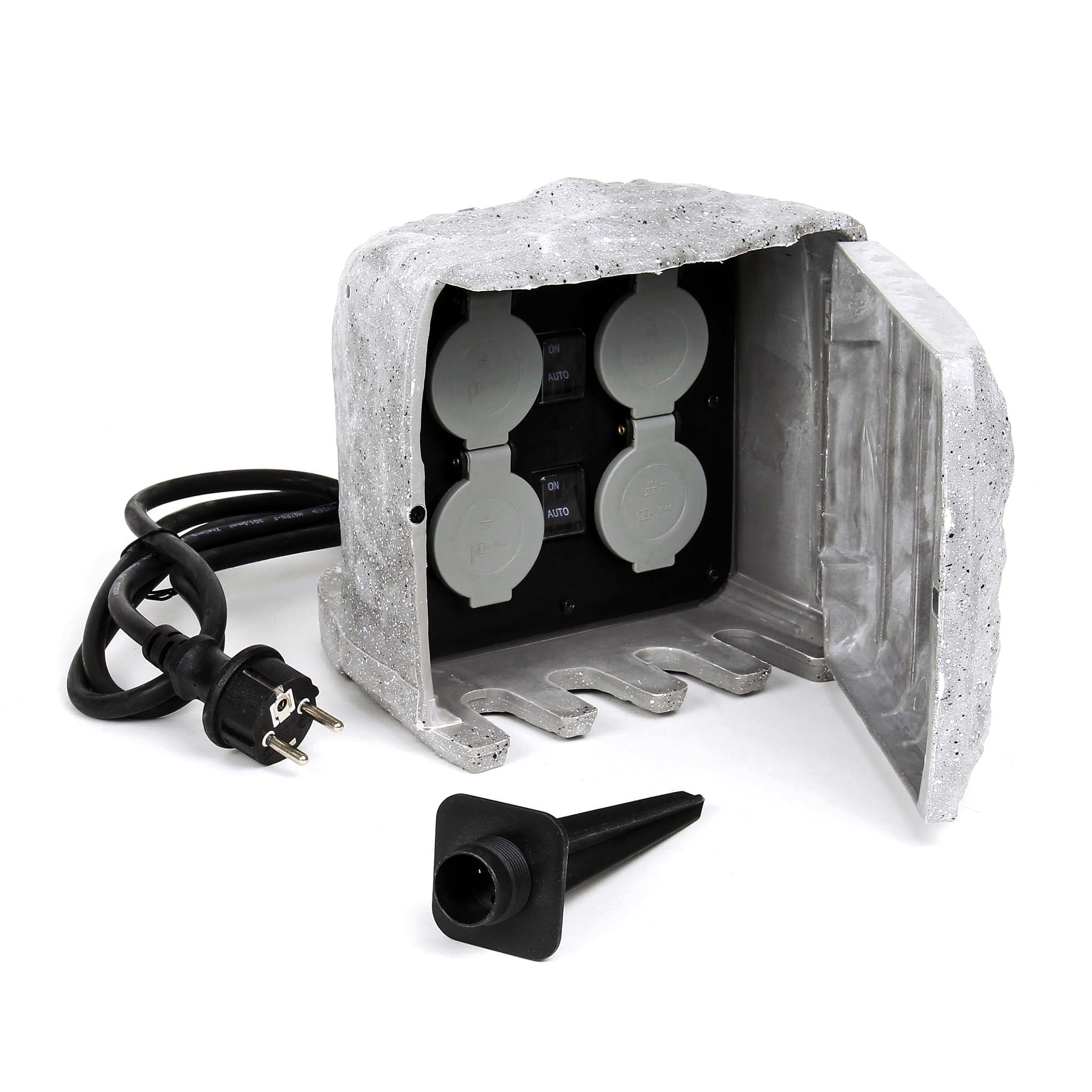 Presa multipla con sensore, effetto pietra, Multipresa per esterno con 4 prese, protezione IP44