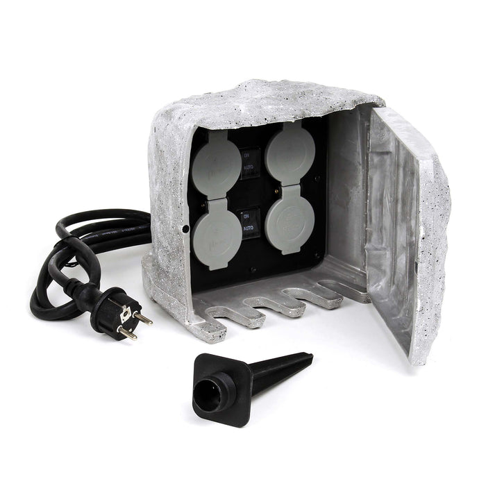 Presa multipla con sensore, effetto pietra, Multipresa per esterno con 4 prese, protezione IP44