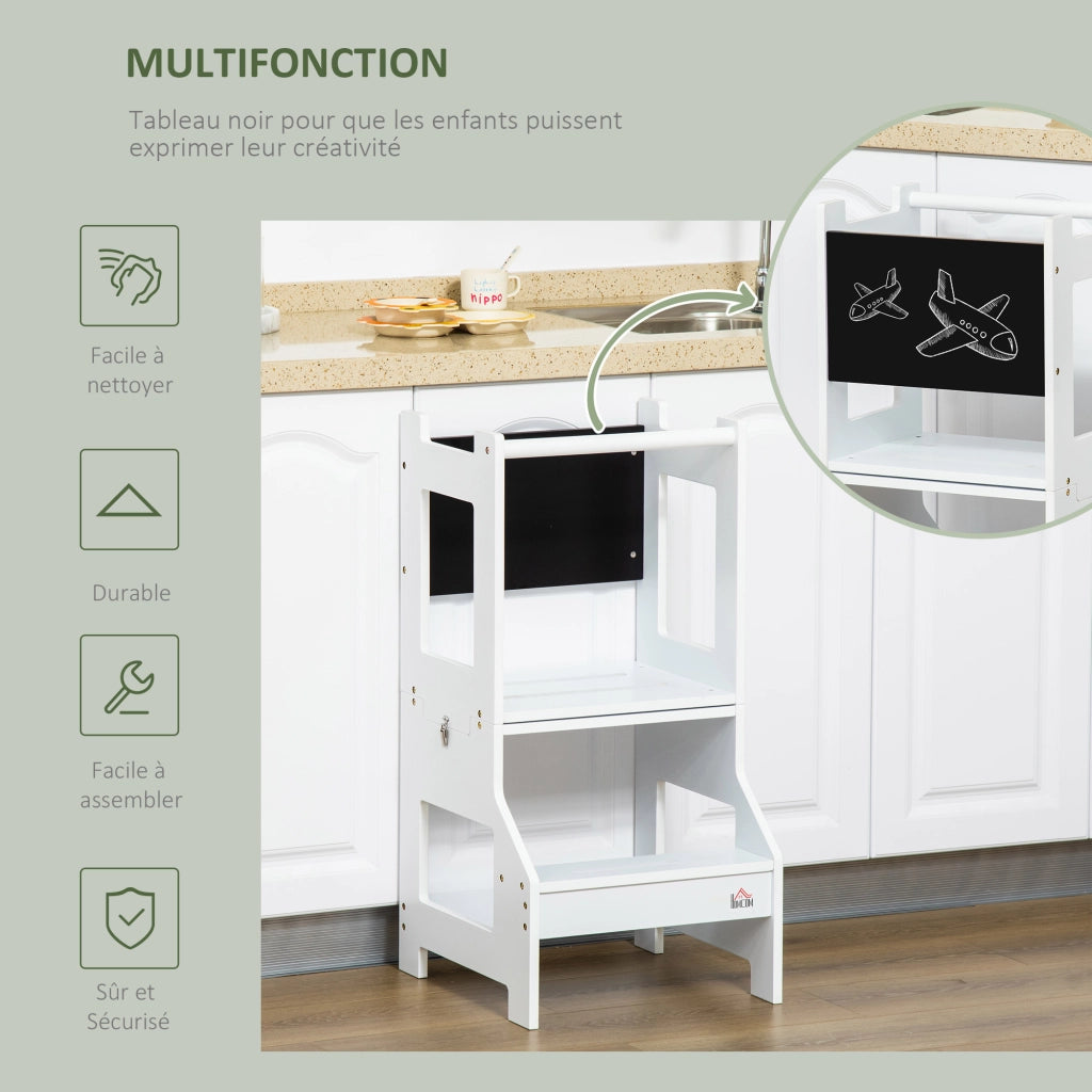 Torre di Apprendimento per Bambini 3 in 1 con Barre, Bordo di Sicurezza e Lavagna ¨C Zephmum ¨C Bianco