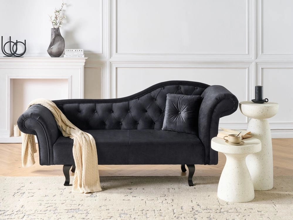 Chaise Lounge in velluto nero imbottito a lato destro con cuscino in stile retrò tradizionale Facile da pulire Adatto agli animali domestici