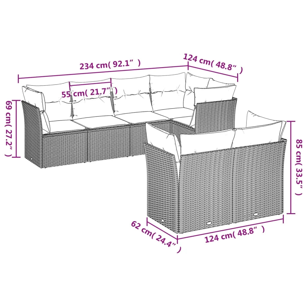 Set Divani da Giardino 7pz con Cuscini Grigio Chiaro Polyrattan