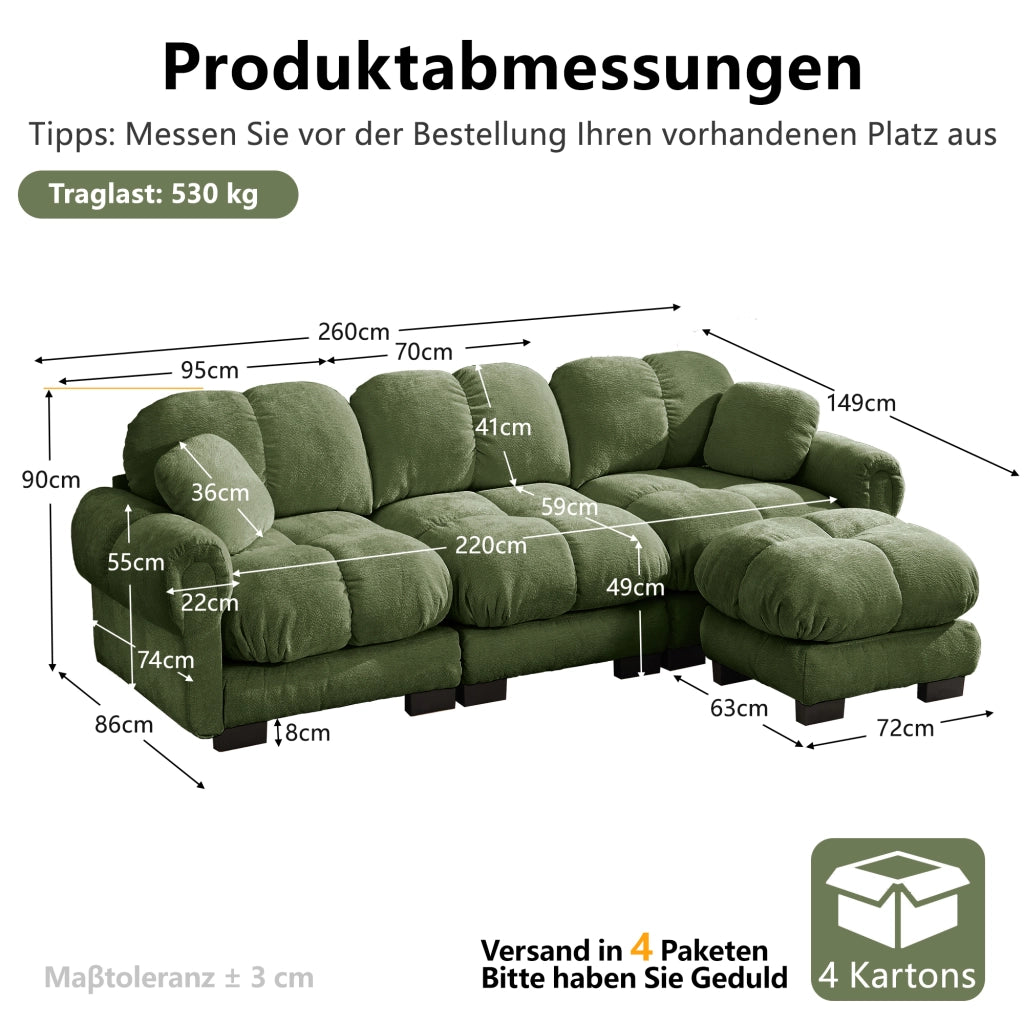 Divano angolare modulare in chenille con cuscini mobili e seduta imbottita, verde per soggiorno 260 × 149 × 90 cm