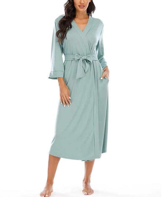 Kimono per donne con maniche 3/4, colletto V, lunga giacca da notte, colore celadone, peso leggero, modello M
