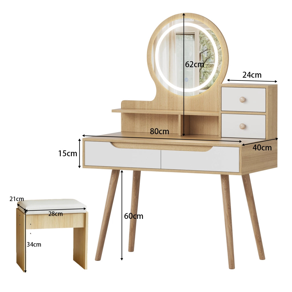 Set da toeletta con sgabello imbottito, specchio con illuminazione a LED, 2 cassetti e finitura effetto legno