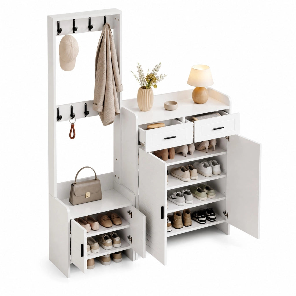 Mobile ingresso con appendiabiti e scarpiera 125x36x165 cm; bianco; in truciolare e MDF
