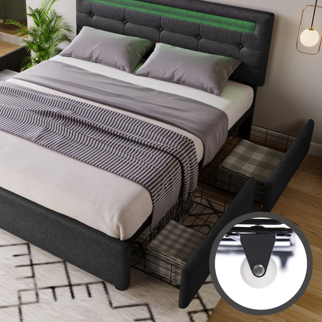 Letto matrimoniale 140x200 cm con LED e 4 cassetti; testiera regolabile in lino grigio