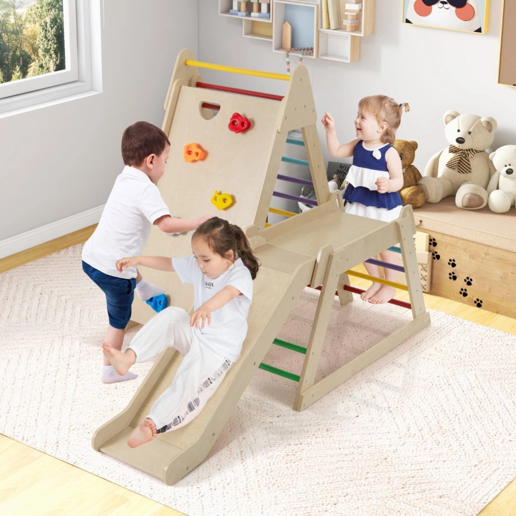 Palestra jungle 3 in 1 parco giochi interno per bambini con scivolo esteso, Palestra scaletta in legno e struttura da gioco