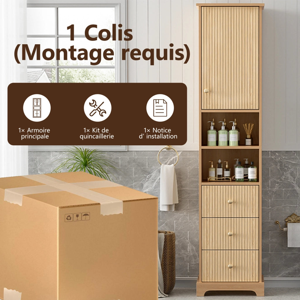 Armadietto da bagno con 3 cassetti, anta e 2 vani aperti, ripiano regolabile, in MDF naturale, 40 × 30 × 172 cm