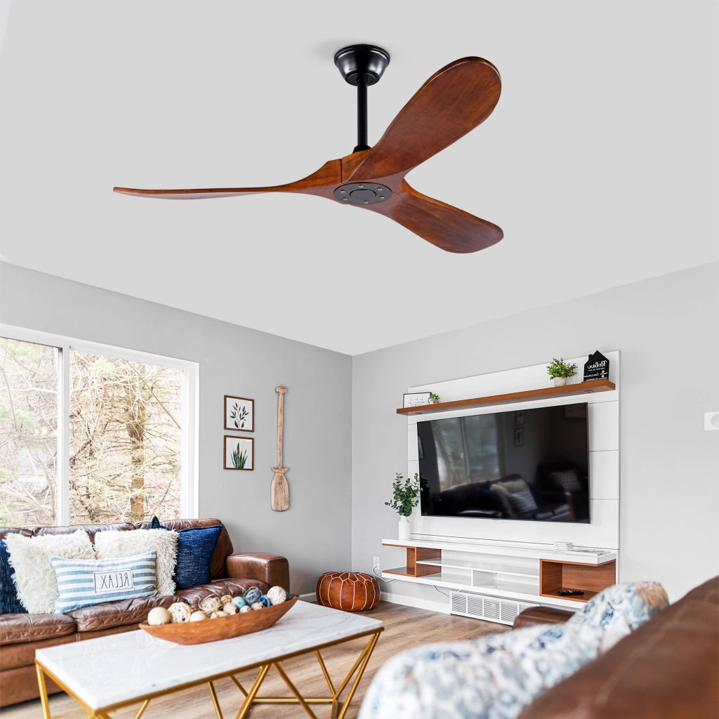 Ventilatore da soffitto 52 pollici, 3 pale legno, design ad elica, funzione memoria, telecomando, finitura noce, per terrazze e soggiorni
