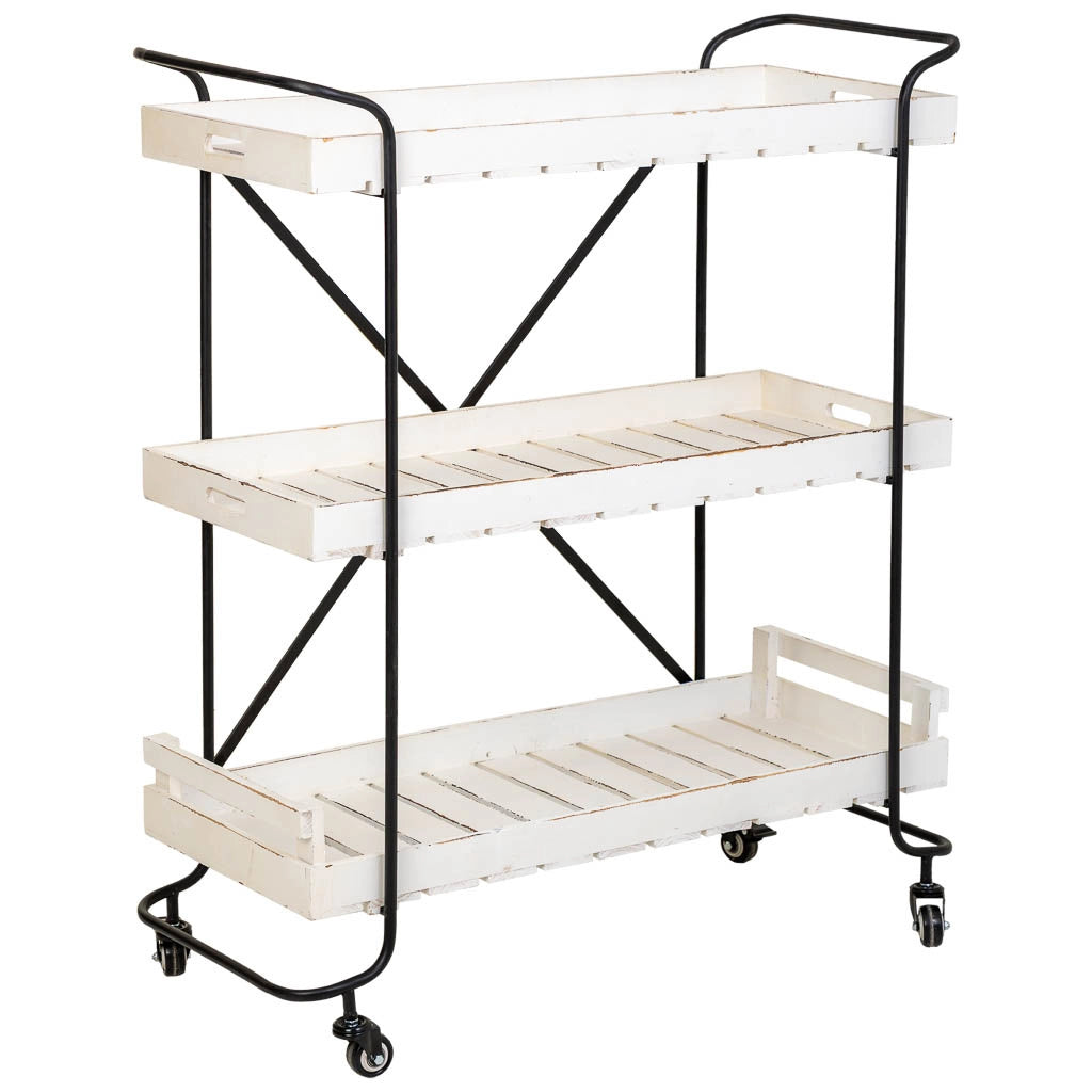 Carrello in legno bianco con 3 vassoi 89x38x110h cm