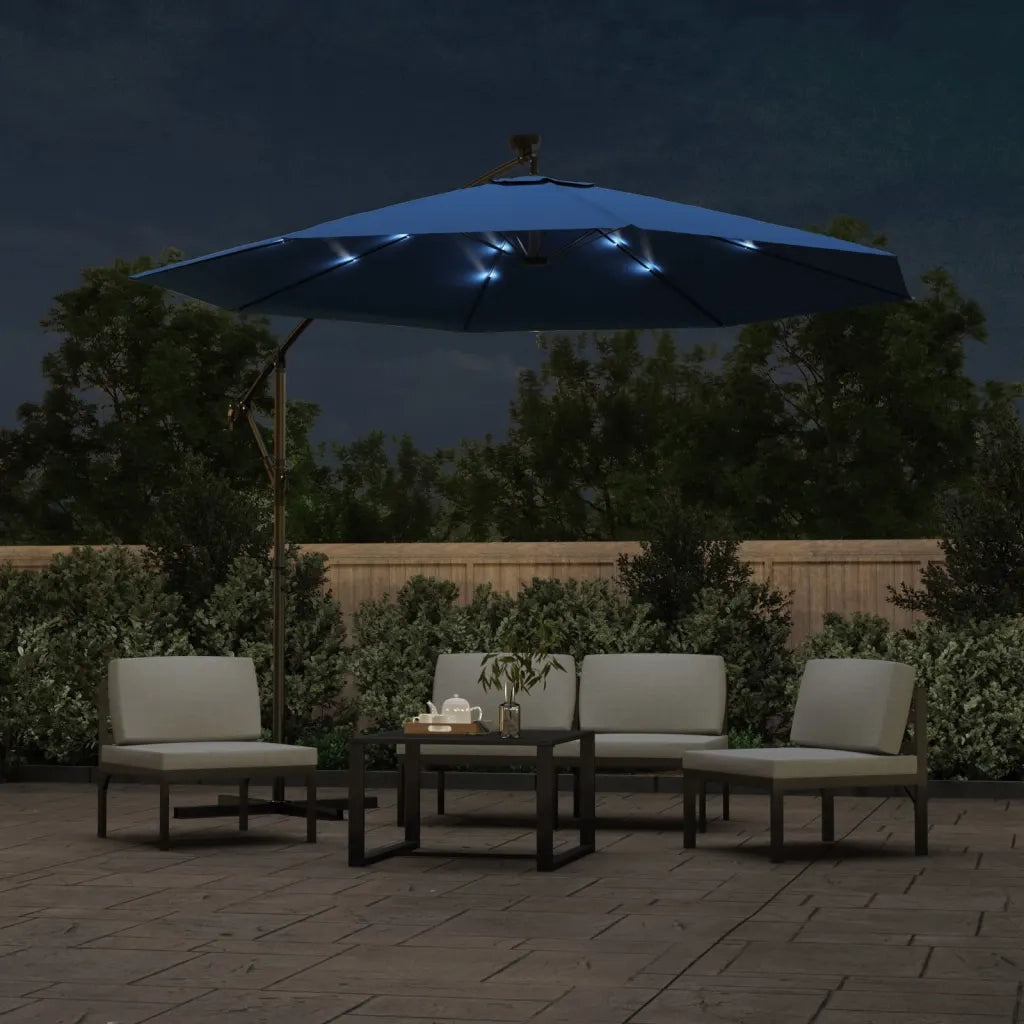 Ombrellone a Sbalzo con LED e Palo in Acciaio-Ombrello da giardino 300 cm Azzurro