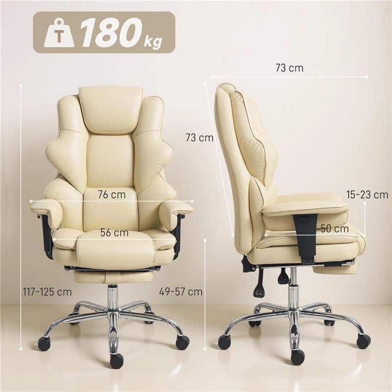 SEDIA DA UFFICIO CON POGGIAPIEDI E POGGIATESTA, IN PELLE PU, SCHIUMA E METALLO, 76X73X117-125 CM, BIANCO CREMA