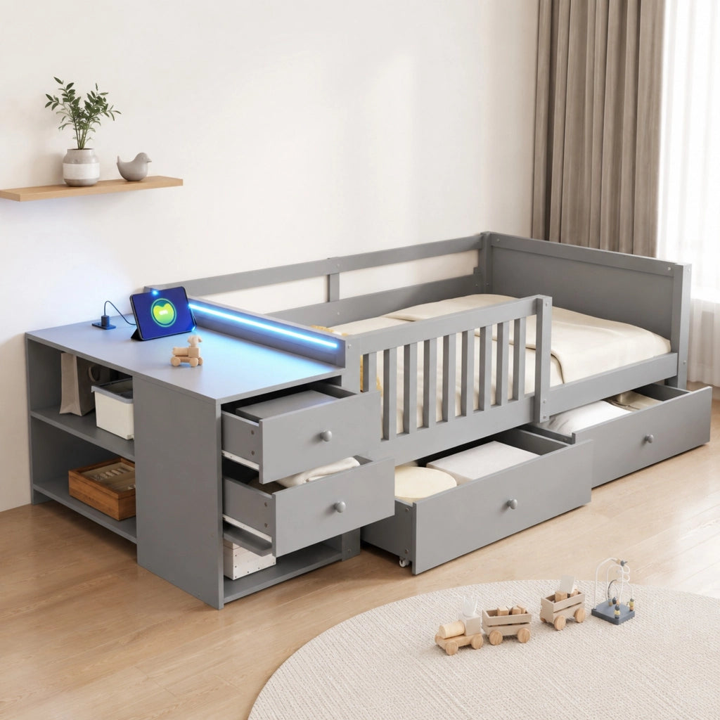 Letto a soppalco per bambini 90 × 200 cm con contenitore separato, cassetti, prese e LED, grigio