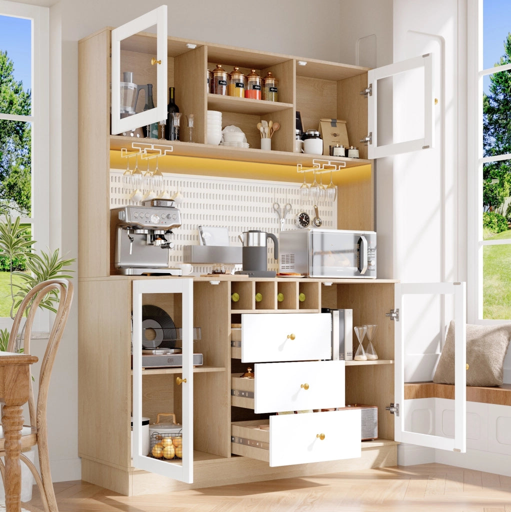 Colonna da cucina con LED smart, portabottiglie e vetro, bianca