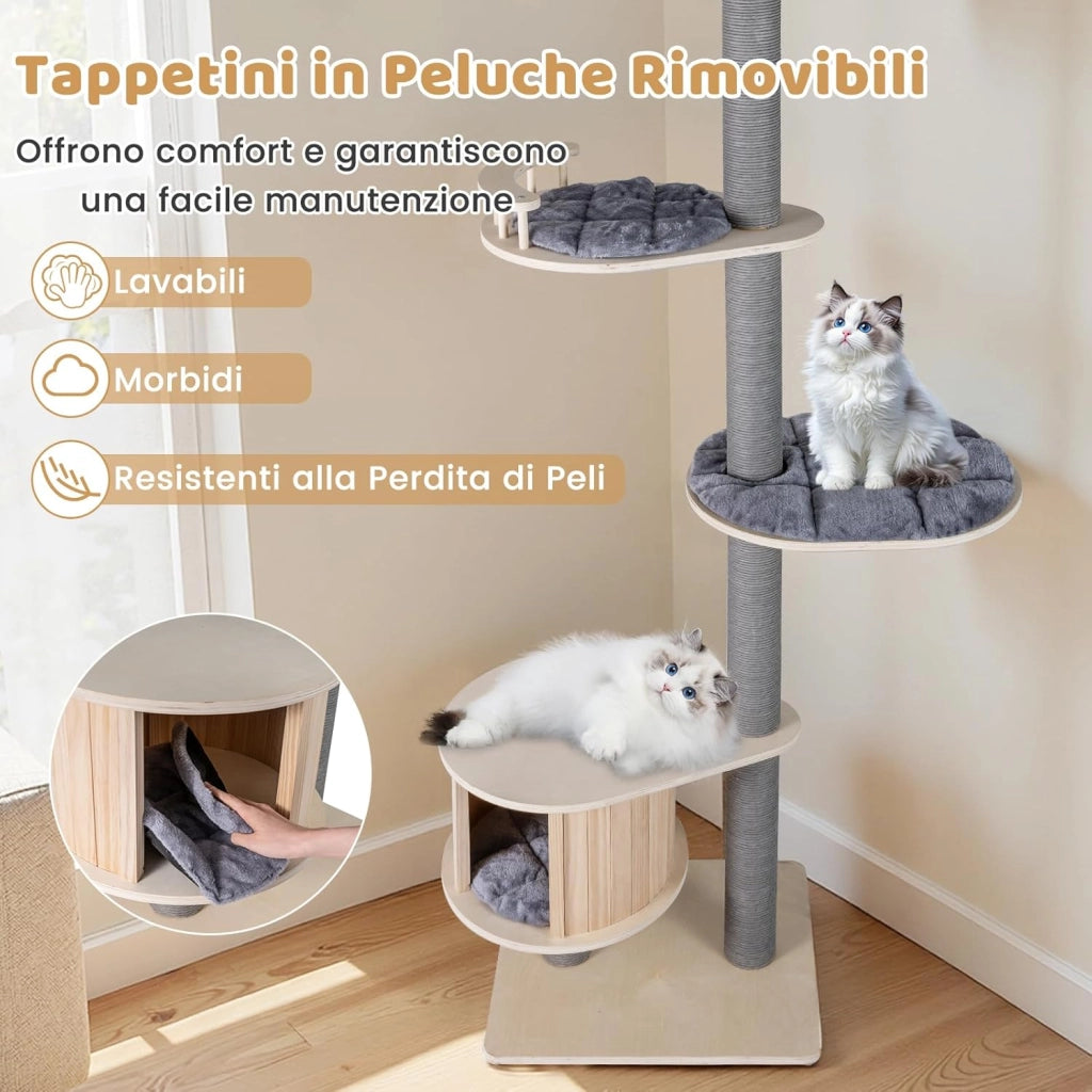 Albero per Gatti a 5 Piani, Tiragraffi per Gatti in Legno con Altezza Regolabile, Piattaforme, Condo, Tiragraffi, Piattaforme e Cuscini, Mobile da Interno per Gattini per Arrampicata