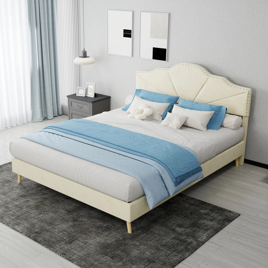 DESMIU Lit simple 140 × 200 cm con testiera geometrica e borchie, senza materasso, in tessuto e metallo, beige