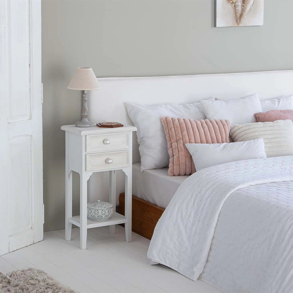 Comodino in legno con 2 cassetti e 1 ripiano bianco 37x26,5x69,5.h cm