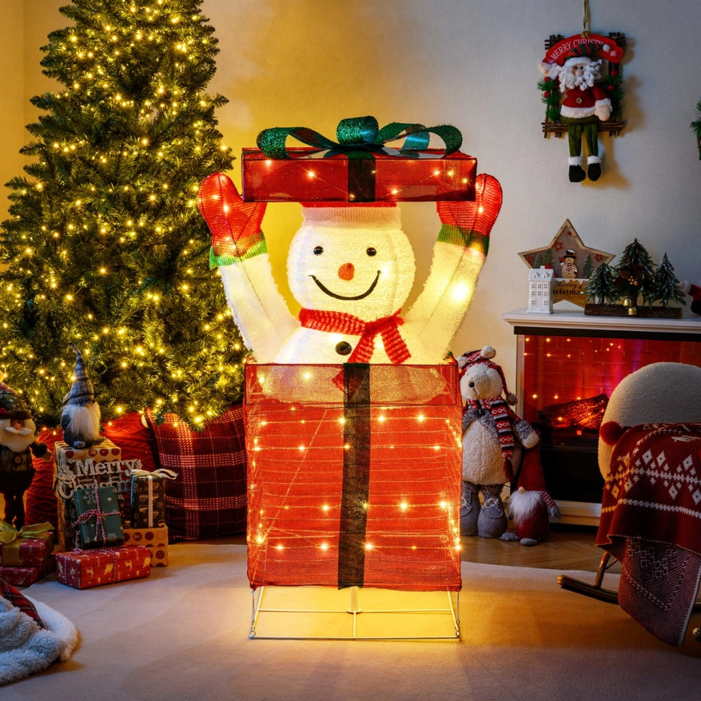 Decorazione natalizia con pupazzo di neve e 100 luci LED per interno ed esterno, Pupazzo di neve illuminato 3D in confezione regalo