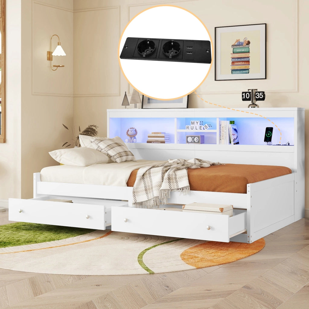 Letto da giorno 90x200 cm con LED, USB, prese e cassetti