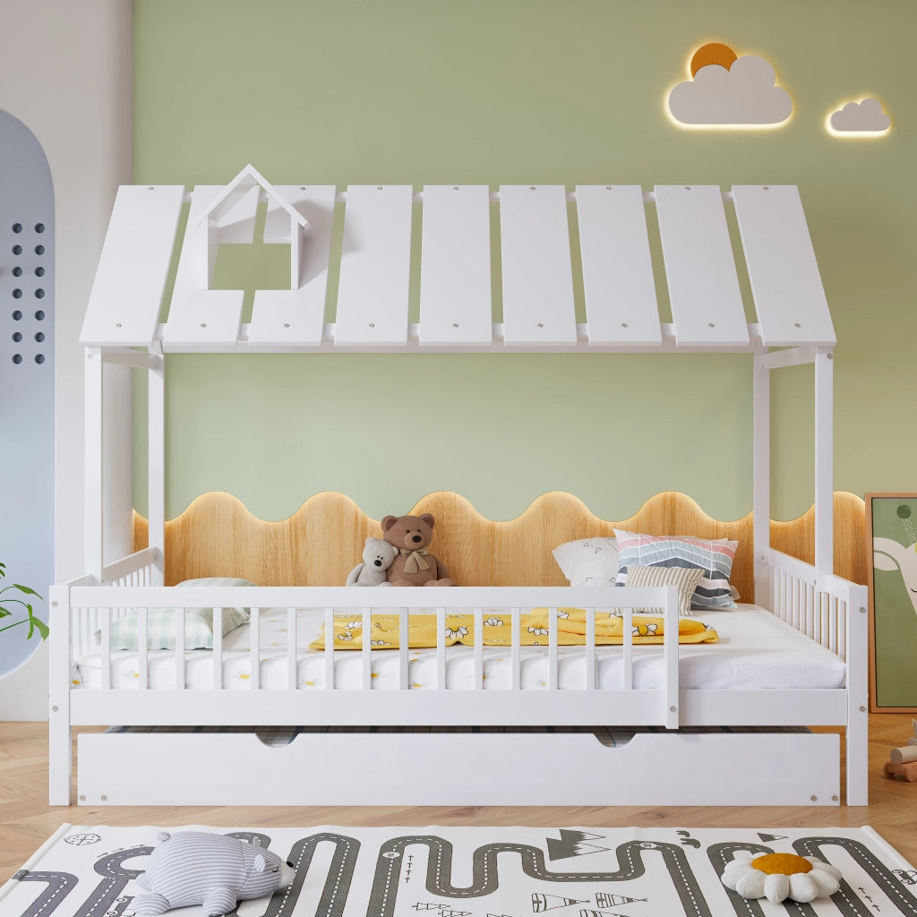 Letto a casa con letto estraibile bianco in pino e MDF 120x200 cm