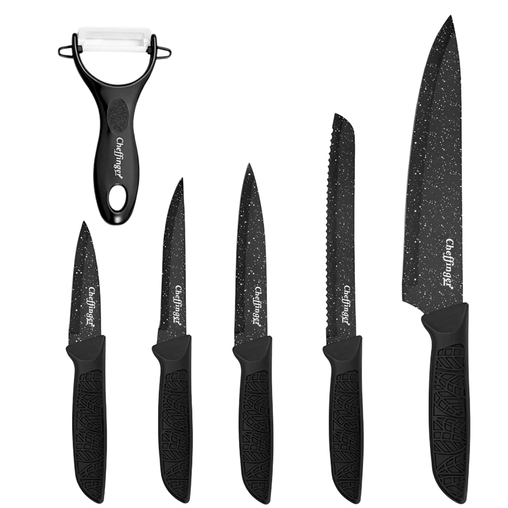 Set di 6 Coltelli Effetto Marmo Antiaderenti con Pelapatate Nero Cheffinger
