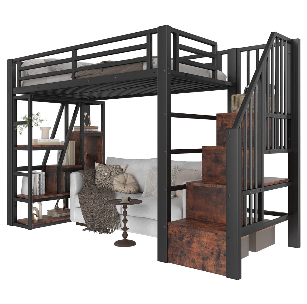 Letto a soppalco 90x200 cm in metallo e MDF con LED; scala contenitore e protezioni; nero