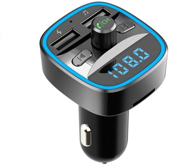 Adattatore Bluetooth FM per radio e ricevitore per l'auto con supporto a chiamate in modalità handsfree e due ingressi USB di ricarica.