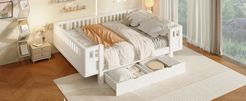 Letto a piattaforma per cameretta con spondine alte e due cassetti, in legno massiccio e MDF bianco 140 × 200 cm