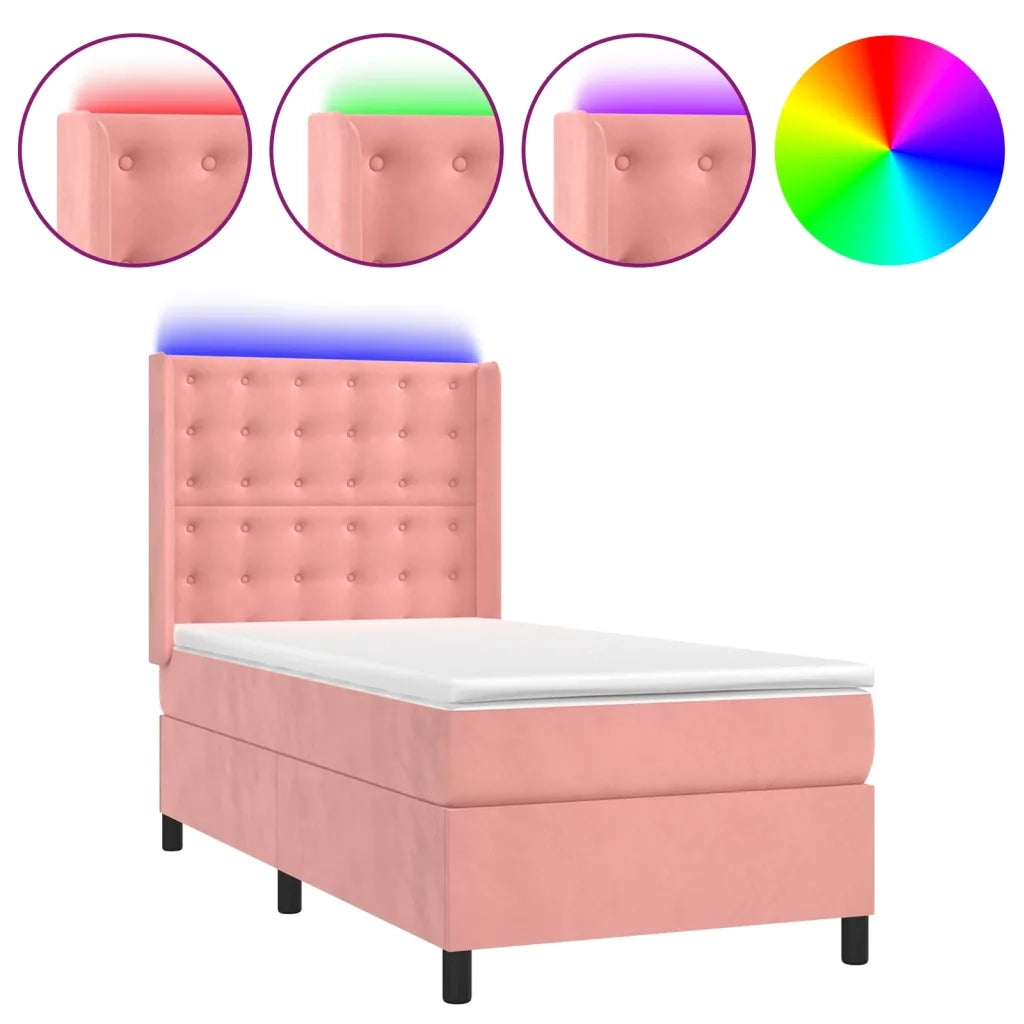 Letto singolo | Letto per adulti | Letto a Molle con Materasso e LED Rosa 80x200 cm in Velluto