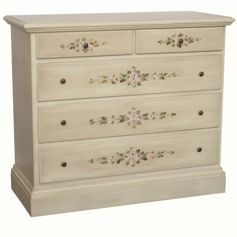Cassettiera 5 cassetti legno shabby avorio anticato decori 117x51x101 - Mobili 2G