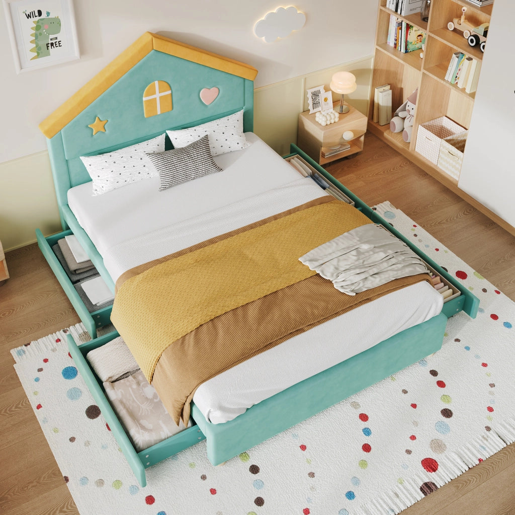 Letto bimbi 140x200 in velluto blu-verde, 4 cassetti, senza materasso –
