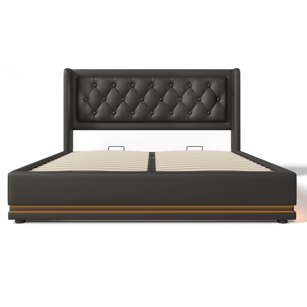 Letto matrimoniale imbottito ULEVR 180x200 cm con contenitore idraulico, LED, USB e Type-C, PU nero